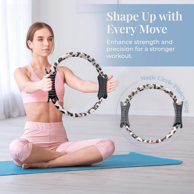 Pilates Ring Magic Circle for Women, 12” with Dual Grip Handles and Exercise Guide, Pilates Equipment for Home or Gym Workout, Fitness Tool, Leopard Print