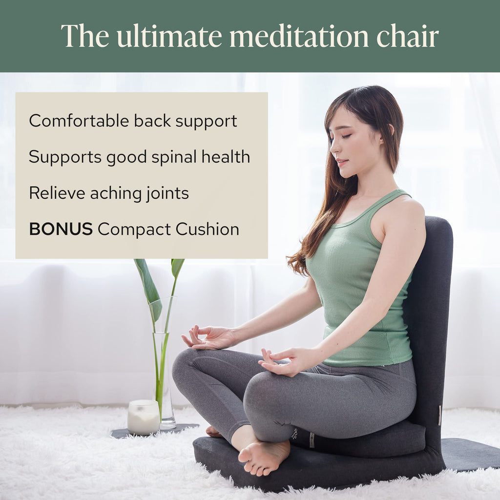 Mindful Modern Folding Pro Meditation Chair - Adjustable Meditation Seat with Back Support and Half Moon Buckwheat Meditation Cushion - Comfortable Mindfulness Living Room Floor Chair