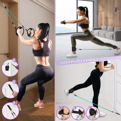 Portable Pilates Bar Kit with Resistance Bands for Men and Women - 3 Set Exercise Resistance Bands - Multifunctional Home Gym - Supports Full-Body Workouts – with Fitness Poster and Video