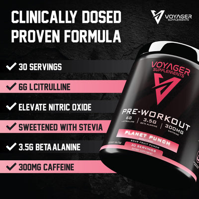 Voyager Pre-Workout Rocket Razz – Creatine-Free Powder w/L-Citrulline, Beta-Alanine, Caffeine – Supports Energy, Endurance & Focus – 30 Servings – No Artificial Fillers – GMP Certified