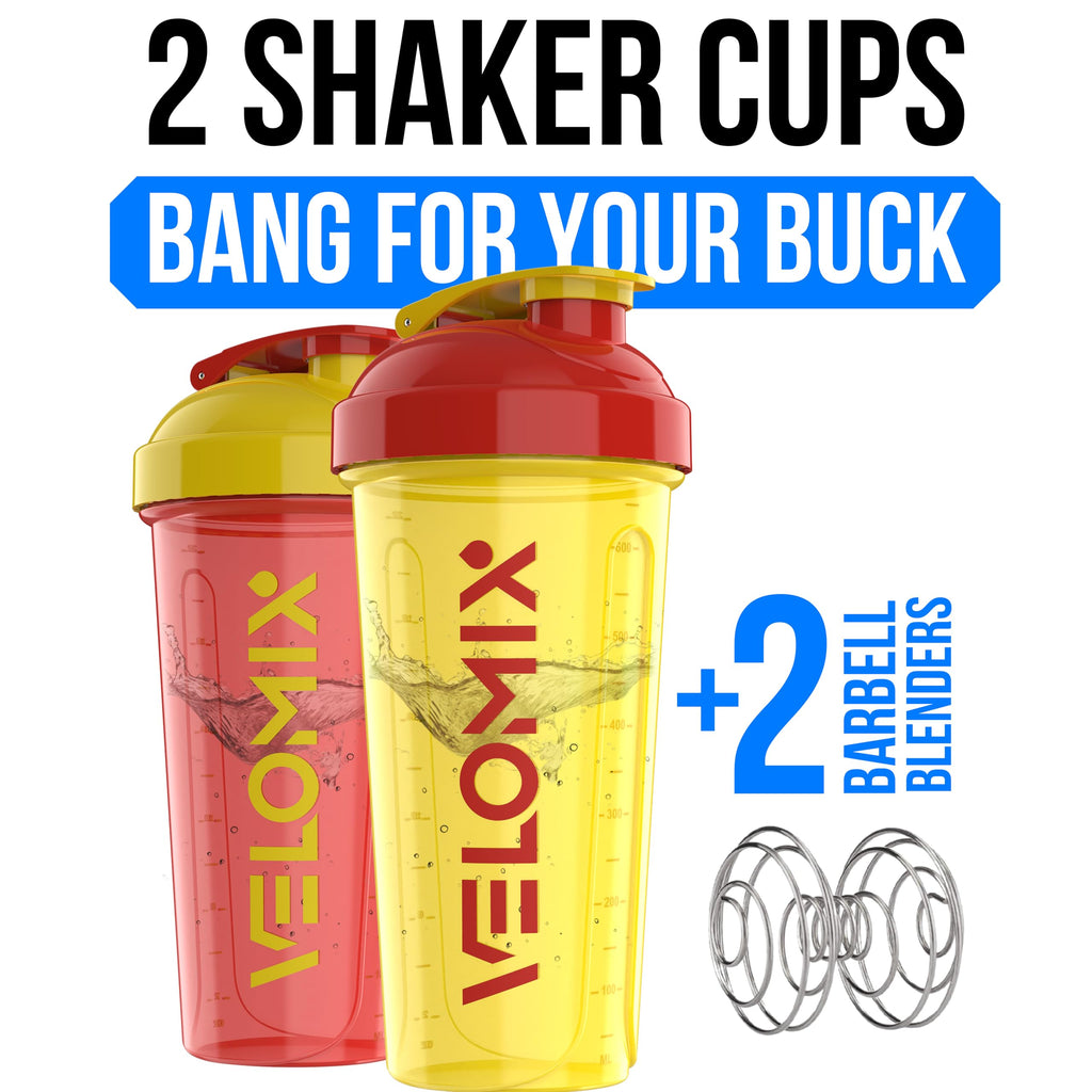 VELOMIX -2 Pack- 28 oz Protein Shaker Bottles for Protein Mixes - 2x Wire Whisk | Leak Proof Shaker Cups for Protein Shakes | Protein Shaker Bottle Pack (Black/Transparent)
