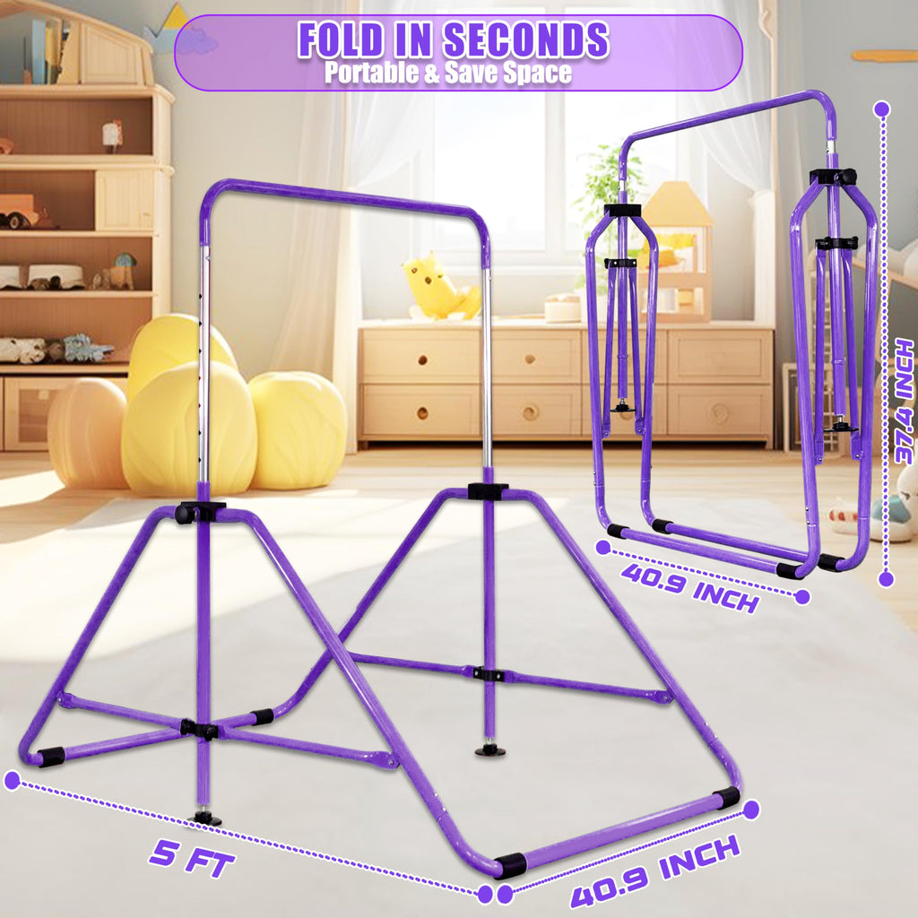 MARFULA Foldable Gymnastic Bar for Kids Ages 3-9, 9 Height Levels, 200 lbs Weight Capacity, 5 Ft Length Gymnastic Kip Bar with Mat, Gymnastic Equipment for Home and Gym Center Indoor Outdoor Use