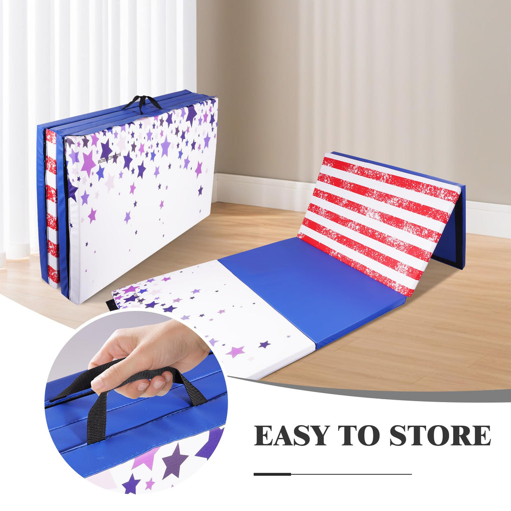 Fitvids Folding Exercise Gymnastics Mat, 4'x8'x2" Gym Workout Mat with Carrying Handles 4-Fold High-Density Anti-Tear Portable Fitness Aerobics Mat for Home Gym Yoga Pilates Tumbling MMA Core Training