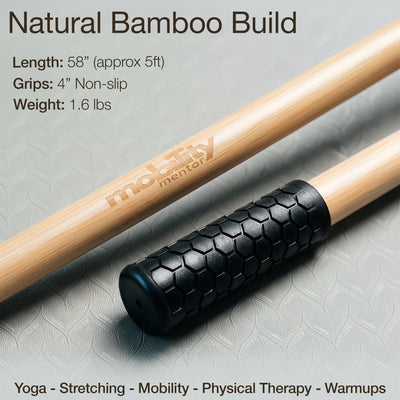 5ft Yoga Stick Made from Natural Bamboo - Stretching Stick for Mobility, Balance, Pilates & Physical Therapy - Exercise Stick with Non-Slip Ends - Includes 20+ Video Tutorials