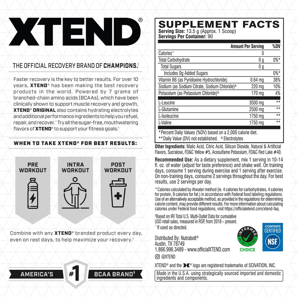 Xtend Original BCAA Powder 7g BCAA and 2.5g L-Glutamine, Sugar Free Post Workout Muscle Recovery Drink with Amino Acids for Men & Women, 30 Servings