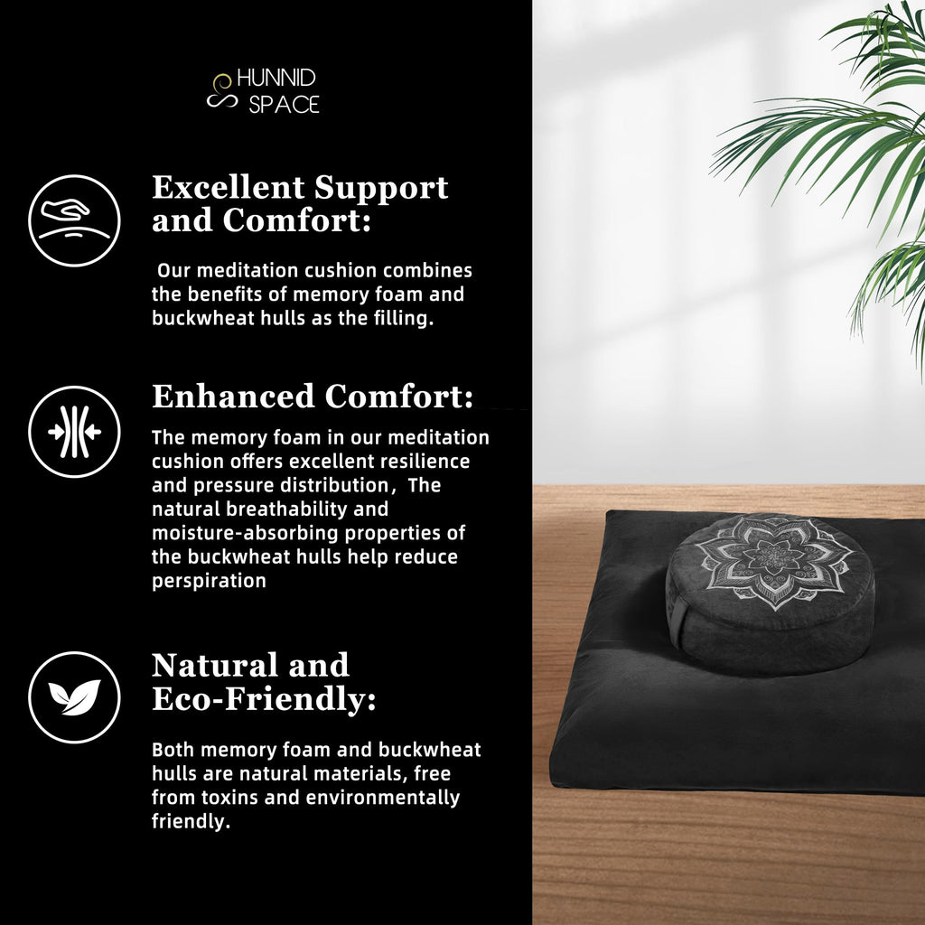 Meditation Zafu Cushion Set with Buckwheat Hulls & Memory Foam - Ergonomic Support for Yoga & Sitting - Removable Machine-Washable Luxury Velvet Cover - for Adults and Kids (Blue)