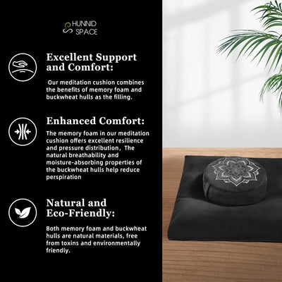 Meditation Zafu Cushion Set with Buckwheat Hulls & Memory Foam - Ergonomic Support for Yoga & Sitting - Removable Machine-Washable Luxury Velvet Cover - for Adults and Kids (Blue)