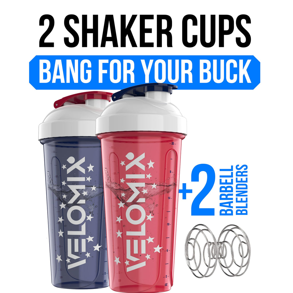 VELOMIX -2 Pack- 28 oz Protein Shaker Bottles for Protein Mixes - 2x Wire Whisk | Leak Proof Shaker Cups for Protein Shakes | Protein Shaker Bottle Pack (Black/Transparent)