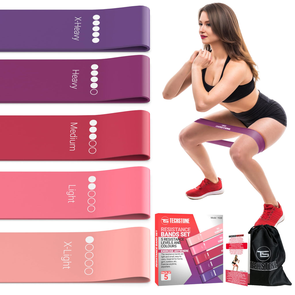 TechStone Resistance Bands Set for Men and Women, Pack of 5 Different Levels Elastic Band for Home Gym Long Exercise Workout – Great Fitness Equipment for Training, Yoga – Free Carrying Bag