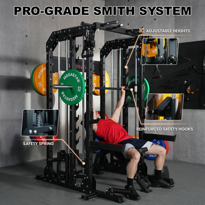 Smith Machine Home Gym with Aluminum Pulley Set- 2000lbs Capacity All-in-One Power Rack with Cable Crossover, Pull-Up Bar & Dip Station, Includes 18 Attachments, P107 Anvil