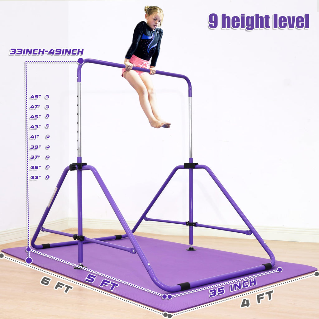 MARFULA Foldable Gymnastic Bar for Kids Ages 3-9, 9 Height Levels, 200 lbs Weight Capacity, 5 Ft Length Gymnastic Kip Bar with Mat, Gymnastic Equipment for Home and Gym Center Indoor Outdoor Use