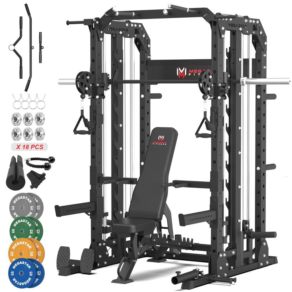Smith Machine Home Gym with Aluminum Pulley Set- 2000lbs Capacity All-in-One Power Rack with Cable Crossover, Pull-Up Bar & Dip Station, Includes 18 Attachments, P107 Anvil