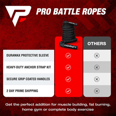 Battle Ropes 50 ft Heavy Duty Battle Rope with Protective Sleeve Black, Plastic, ABS Grip, Adult Strength Training, Cardio, CrossFit