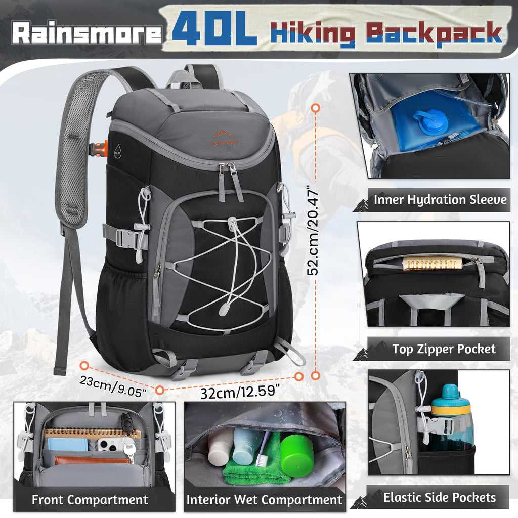 RAINSMORE Foldable Hiking Backpack for Women Men Packable Camping Backpack 40L Waterproof Hiking Daypack Bag Lightweight Collapsible Daypack for Travel Trekking Mountaineering Large Capacity Black