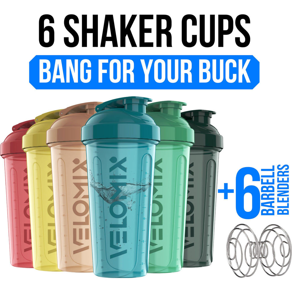 VELOMIX -6 PACK- 28 oz Protein Shaker Bottle for Protein Mixes - 6x Wire Whisk | Leak Proof Shaker Cups for Protein Shakes | Protein Shaker Bottle Pack | Protein Shake Cup (Earth Tones Collection)