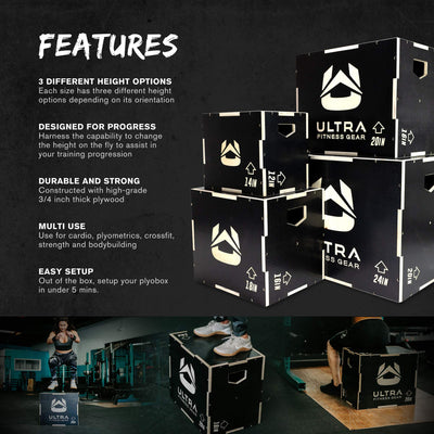 Ultra Fitness Gear Wooden Plyo Box, 31 Plyometric Jump Training Squat, Step Up, Jumps & More Workout Size S, M, L, XL