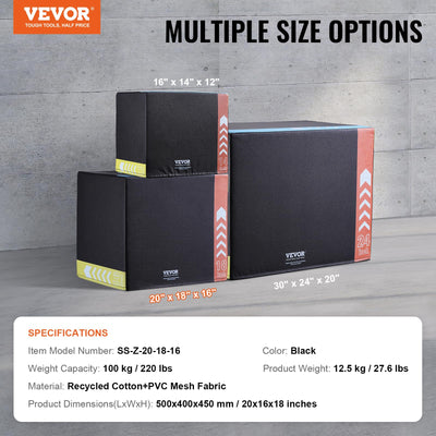 VEVOR 3 in 1 Plyometric Jump Box, Cotton Plyo Box, Platform & Jumping Agility Box, Anti-Slip Fitness Exercise Step Up Box for Home Gym Training, Conditioning Strength Training, Multiple Sizes, Black