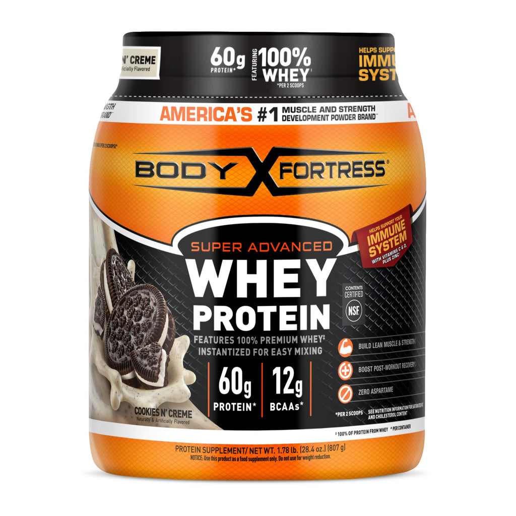 Body Fortress Super Advanced Whey Protein Powder, Strawberry, Immune Support (1), Vitamins C & D Plus Zinc, 1.78 lbs