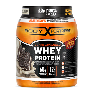 Body Fortress Super Advanced Whey Protein Powder, Strawberry, Immune Support (1), Vitamins C & D Plus Zinc, 1.78 lbs