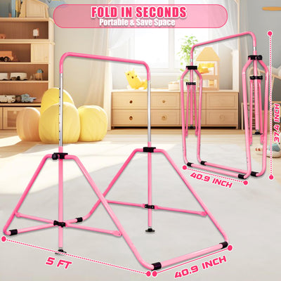 MARFULA Foldable Gymnastic Bar for Kids Ages 3-9, 9 Height Levels, 200 lbs Weight Capacity, 5 Ft Length Gymnastic Kip Bar with Mat, Gymnastic Equipment for Home and Gym Center Indoor Outdoor Use