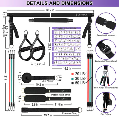 Portable Pilates Bar Kit with Resistance Bands for Men and Women - 3 Set Exercise Resistance Bands - Multifunctional Home Gym - Supports Full-Body Workouts – with Fitness Poster and Video