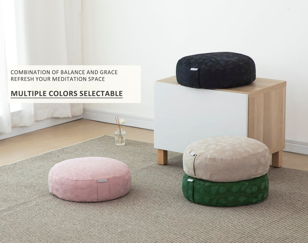 Meditation Cushion, Comfortable Meditation Pillow with Peacock Feather Jacquard Cover. Buckwheat Hull Filled Zafu Floor Pillow 16 * 16 * 5 in