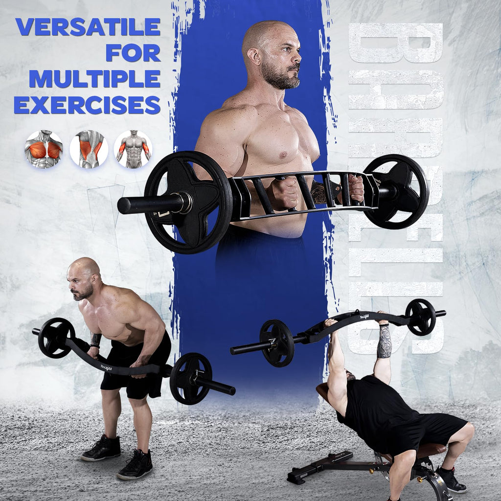Yes4All Multi Grip Barbell & Cable Attachment - Swiss Bar, American Bar for Greater Range of Motion, with 2 Collars, Fits Olympic Weight Plates - Home Gym & Support Pressing, Lifting & Curls
