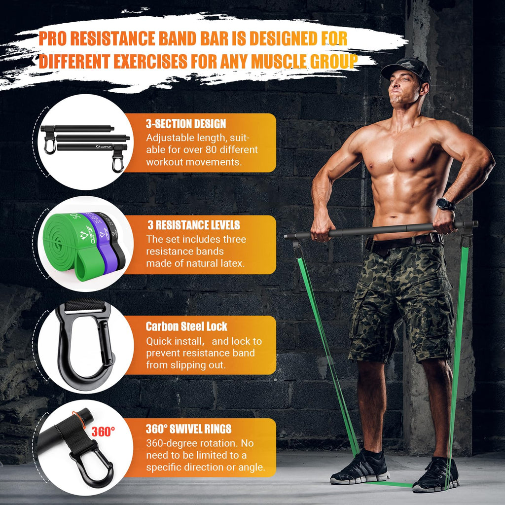 Portable Heavy Duty Resistance Bar with 3 Resistance Bands, Pilates Bar with Pull Up Bands & Training Poster, Yoga Pilates Equipment for Home Gym