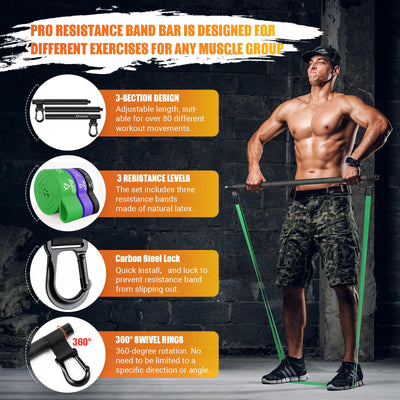 Portable Heavy Duty Resistance Bar with 3 Resistance Bands, Pilates Bar with Pull Up Bands & Training Poster, Yoga Pilates Equipment for Home Gym