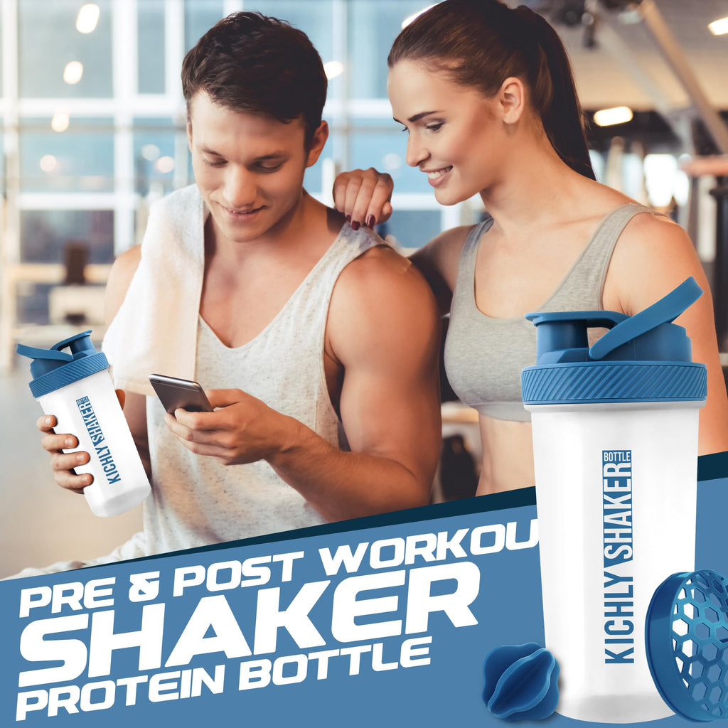 KICHLY Shaker Bottle 1 Pack - 28 Ounce Plastic Protein Shaker Bottle for Pre & Post workout with Twist & Lock Protein Box Storage (Clear/Navy)
