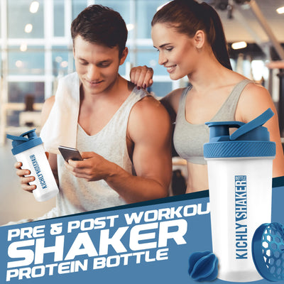 KICHLY Shaker Bottle 1 Pack - 28 Ounce Plastic Protein Shaker Bottle for Pre & Post workout with Twist & Lock Protein Box Storage (Clear/Navy)