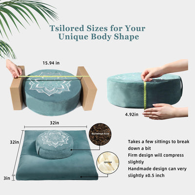 Meditation Zafu Cushion Set with Buckwheat Hulls & Memory Foam - Ergonomic Support for Yoga & Sitting - Removable Machine-Washable Luxury Velvet Cover - for Adults and Kids (Blue)