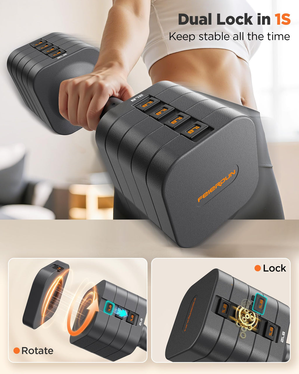 FEIERDUN 5-in-1 Adjustable Dumbbell Set of 2, 20LBS/10LBS Hand Weights for Women, 1s-Adjust Dual-Stable Dumbbell Set for Women Home Gym & Outdoor