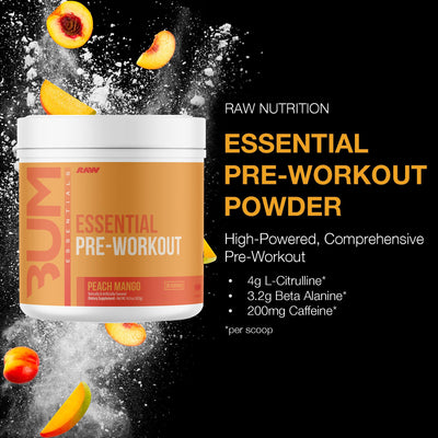 RAW Nutrition - Essential Pre - Chris Bumstead Pre Workout Formula, Sports Nutrition Pre-Workout Powders | Men & Womens Drink, Energy Powder for Working Out (Peach Mango)