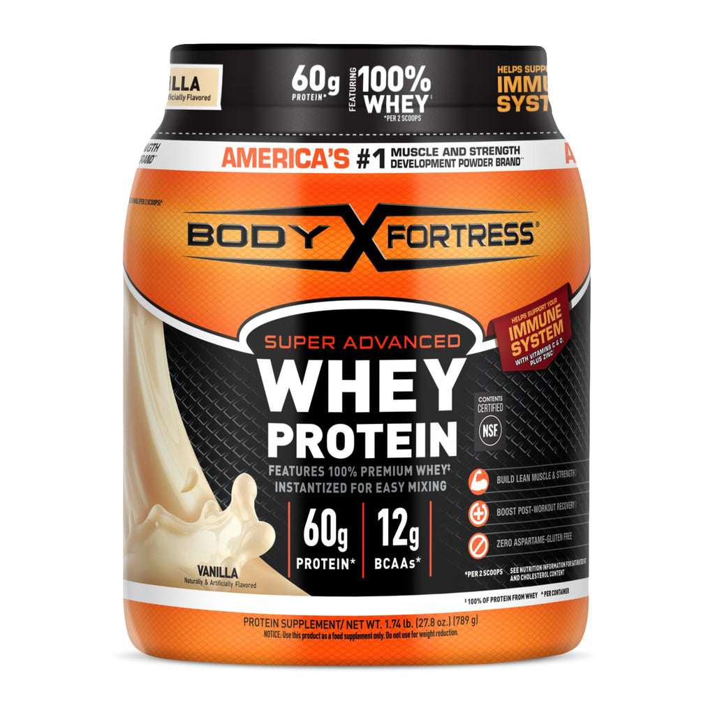 Body Fortress Super Advanced Whey Protein Powder, Strawberry, Immune Support (1), Vitamins C & D Plus Zinc, 1.78 lbs