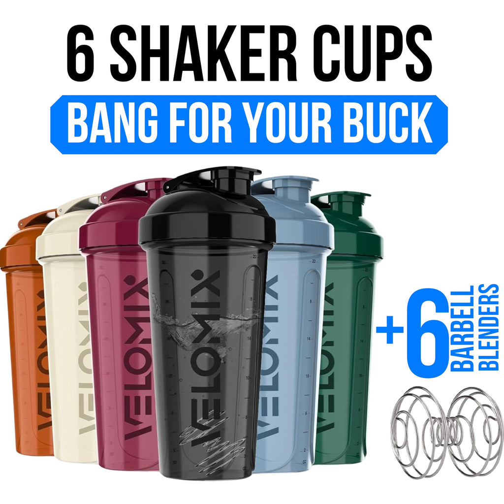 VELOMIX -6 PACK- 28 oz Protein Shaker Bottle for Protein Mixes - 6x Wire Whisk | Leak Proof Shaker Cups for Protein Shakes | Protein Shaker Bottle Pack | Protein Shake Cup (Earth Tones Collection)