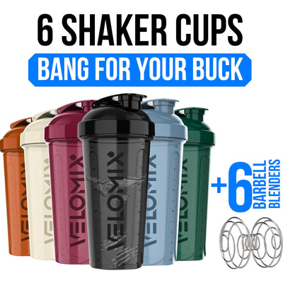 VELOMIX -6 PACK- 28 oz Protein Shaker Bottle for Protein Mixes - 6x Wire Whisk | Leak Proof Shaker Cups for Protein Shakes | Protein Shaker Bottle Pack | Protein Shake Cup (Earth Tones Collection)