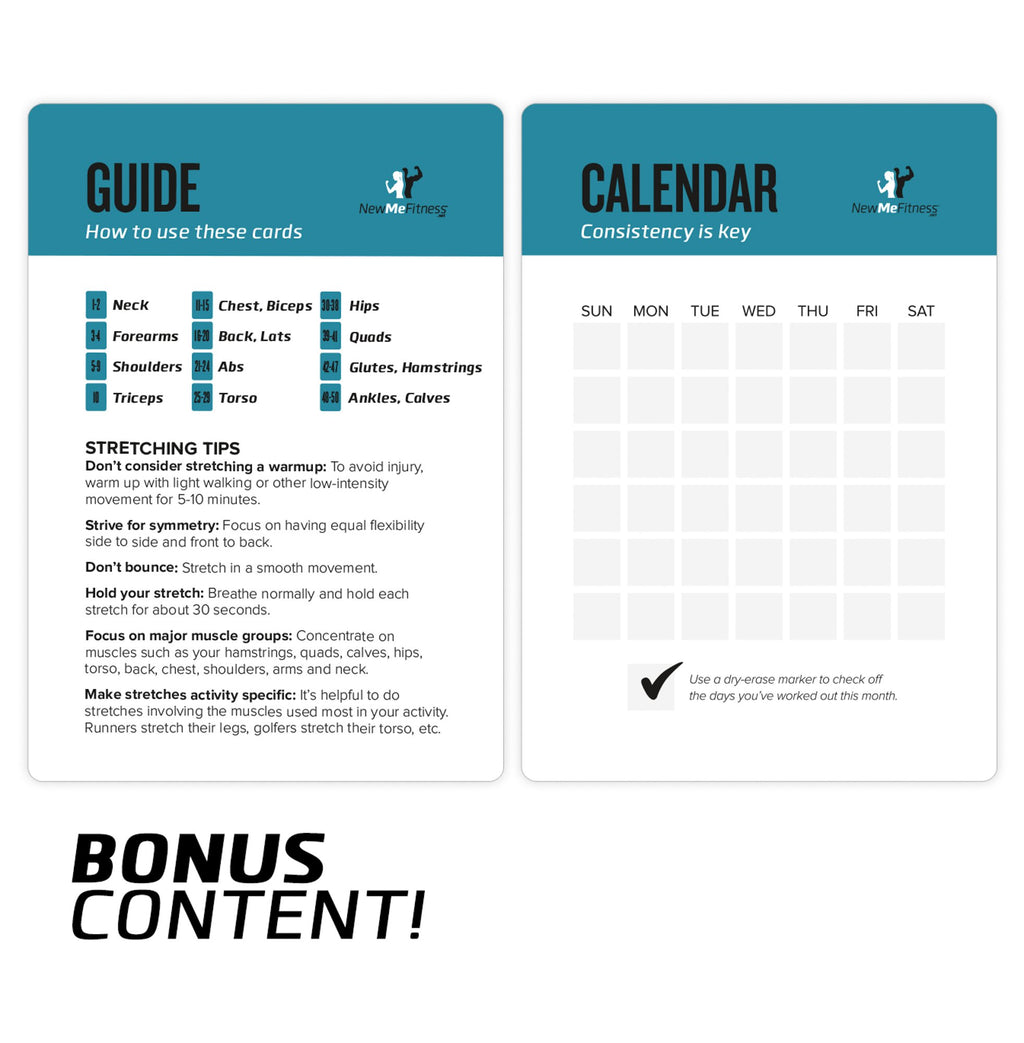 NewMe Fitness Stretching Workout Cards, Instructional Fitness Deck for Women & Men, Beginner Fitness Guide to Training Exercises at Home or Gym