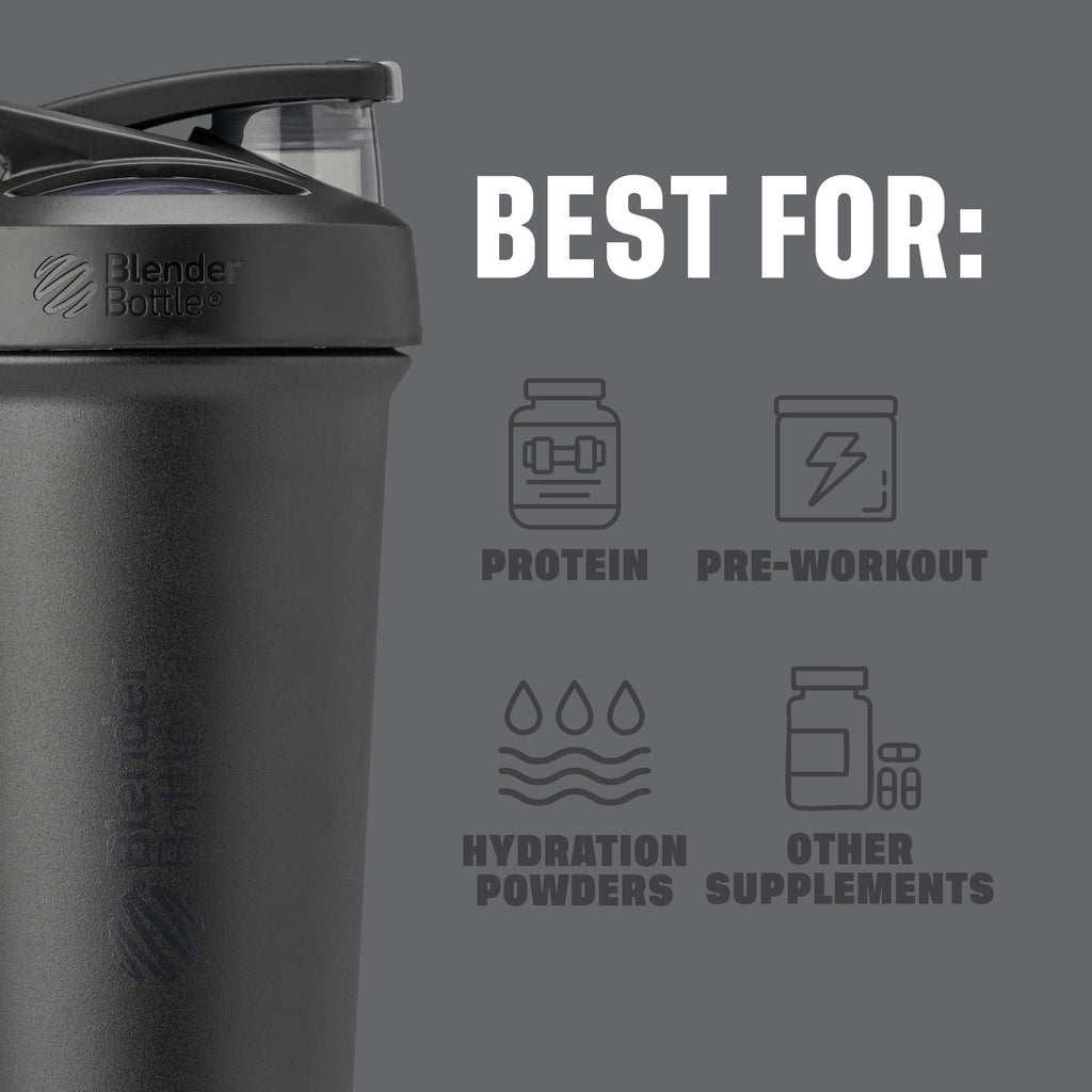 BlenderBottle Strada Shaker Cup Insulated Stainless Steel Water Bottle with Wire Whisk, 24-Ounce, Black
