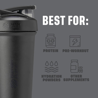 BlenderBottle Strada Shaker Cup Insulated Stainless Steel Water Bottle with Wire Whisk, 24-Ounce, Black