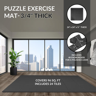 Fitvids Puzzle Exercise Gym Flooring Mat, 3/4" Thick High-Density EVA Interlocking Tiles, Workout Mat for Home Gym, Fitness Equipment, MMA, Gymnastics, 24-Piece Shock-Absorbing Exercise Mat (96 Sq Ft)