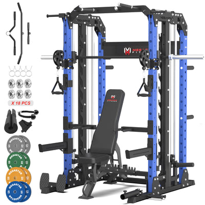Smith Machine Home Gym with Aluminum Pulley Set- 2000lbs Capacity All-in-One Power Rack with Cable Crossover, Pull-Up Bar & Dip Station, Includes 18 Attachments, P107 Anvil
