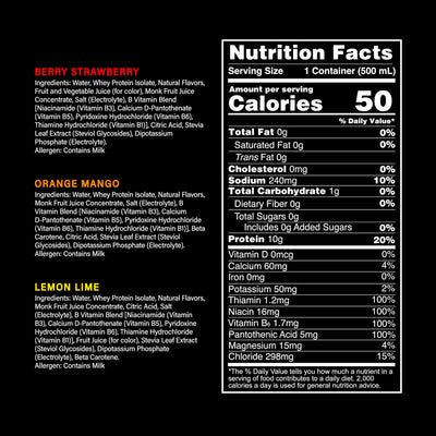 Whey Protein Water Sports Drink by PWR LIFT | Orange Mango | Keto, Vitamin B, Electrolytes, Zero Sugar, 10g of Protein | Post-Workout Energy Beverage | 16.9oz (Pack of 12)