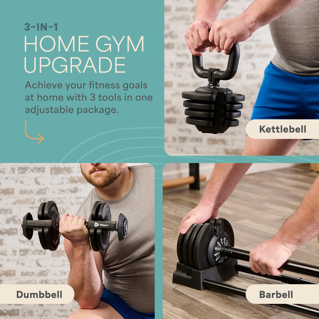 Lifepro Adjustable Dumbbells Set - 5in1-15lb 25lb 43lb 55lb weights Set & Single with Rack - Quick Adjust, Secure Grip - Compact Hand Weights for Men Women Home Gym
