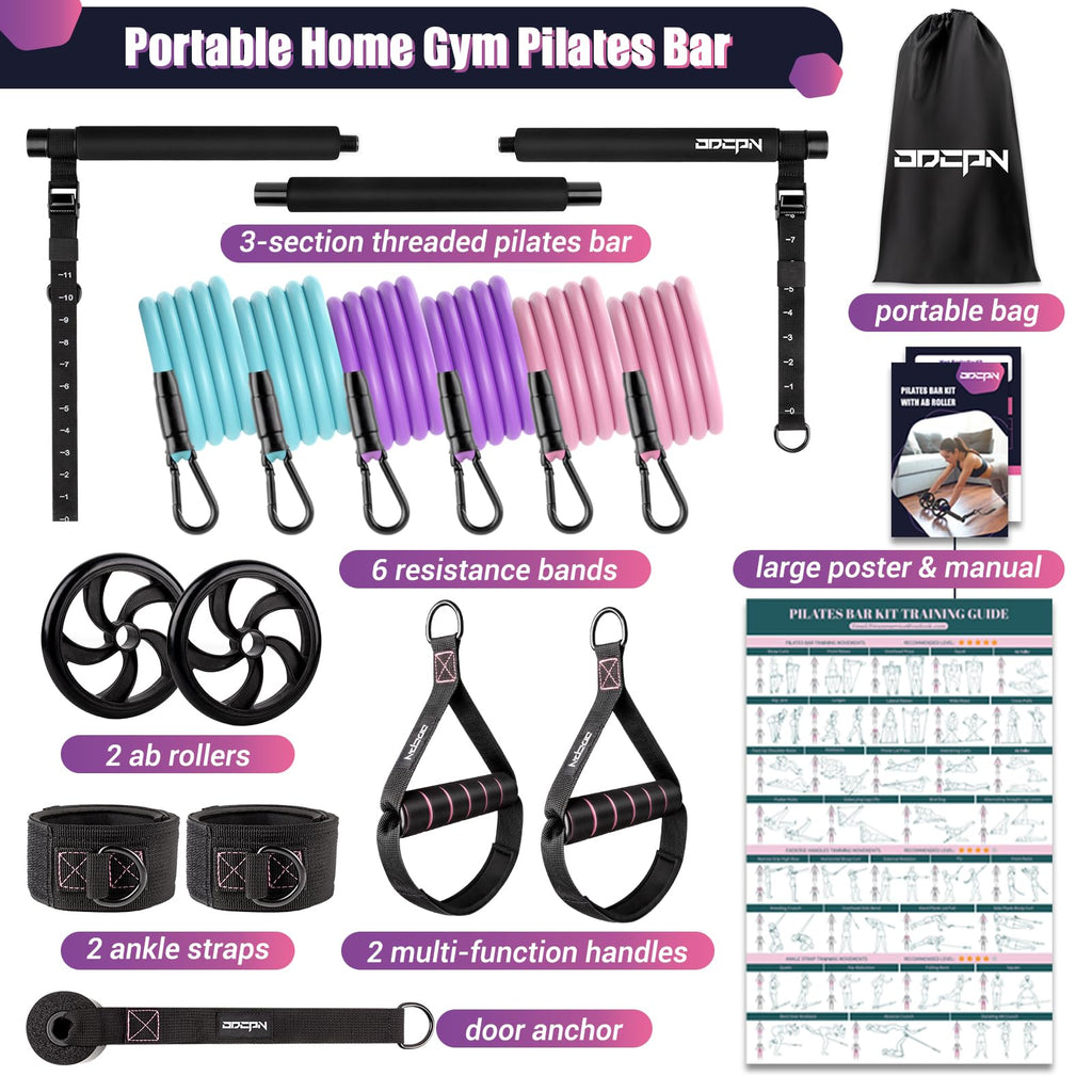 Pilates Bar Kit with Resistance Bands, Multifunctinal Exercise Bar with Ab Roller for Pilates/Abs/Weight Loss, Portable Home Gym Pilates bar kit for Full Body Training Women