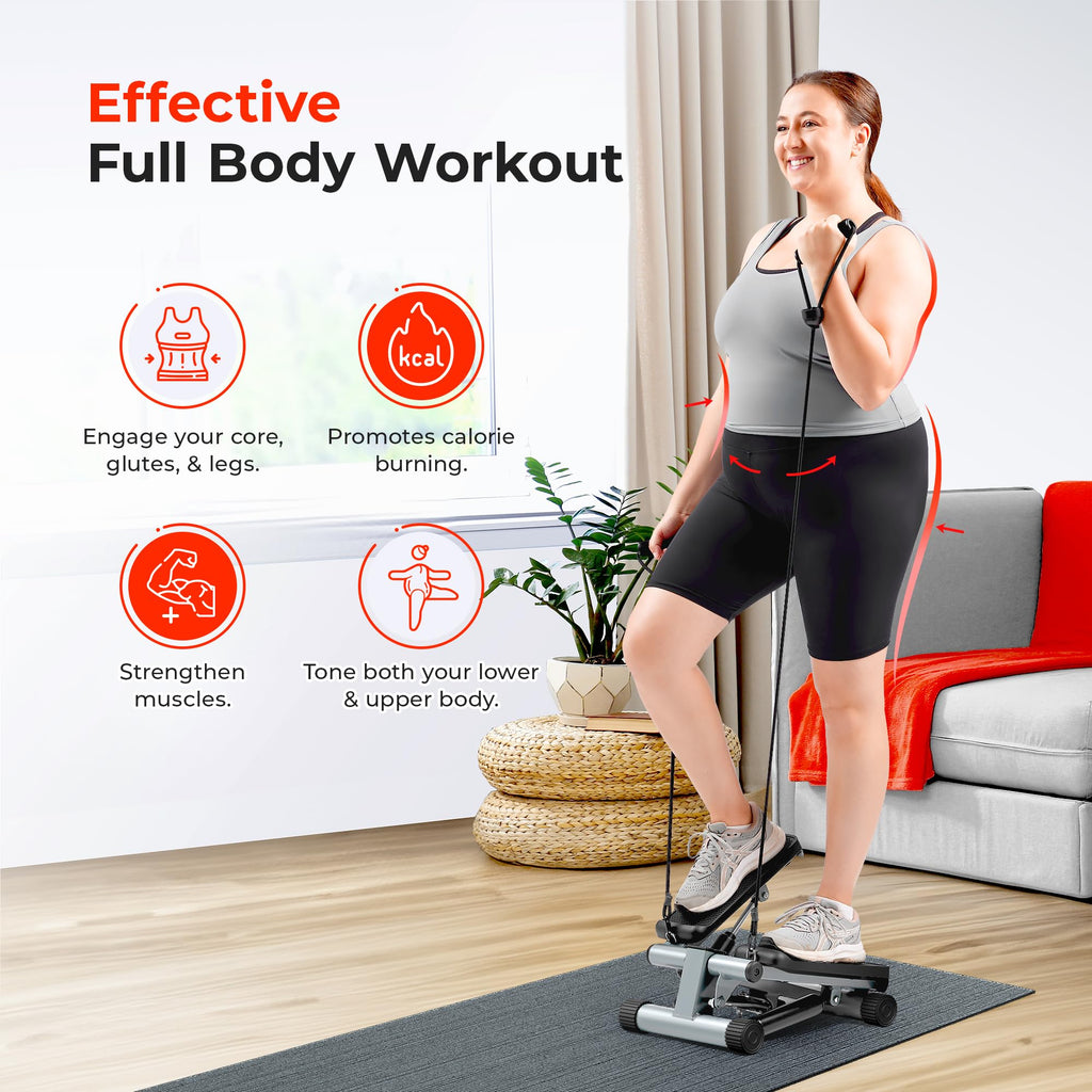 Sunny Health & Fitness Mini Stepper for Exercise at Home, Stair Step Workout Machine with Resistance Band and Over 300lb Weight Capacity, Optional Twist Motion and Free SunnyFit App Connection