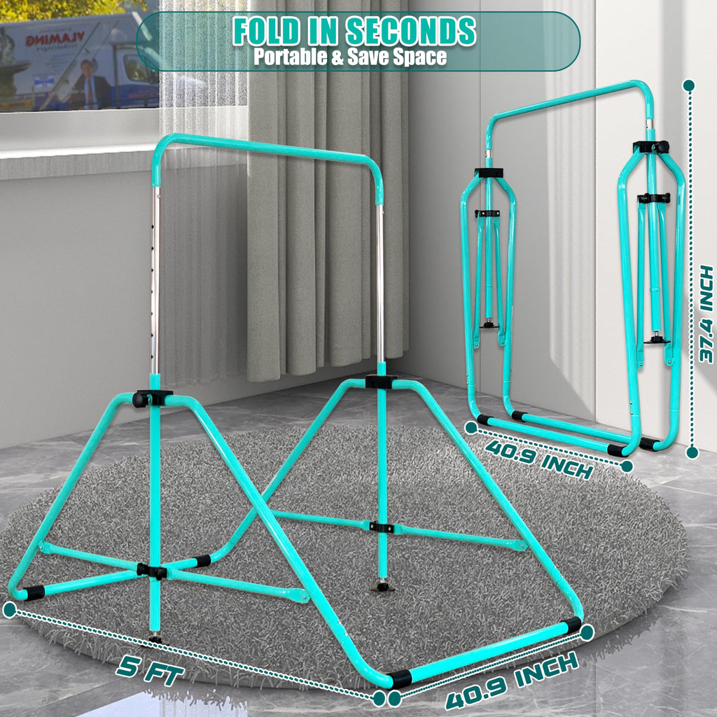 MARFULA Foldable Gymnastic Bar for Kids Ages 3-9, 9 Height Levels, 200 lbs Weight Capacity, 5 Ft Length Gymnastic Kip Bar with Mat, Gymnastic Equipment for Home and Gym Center Indoor Outdoor Use