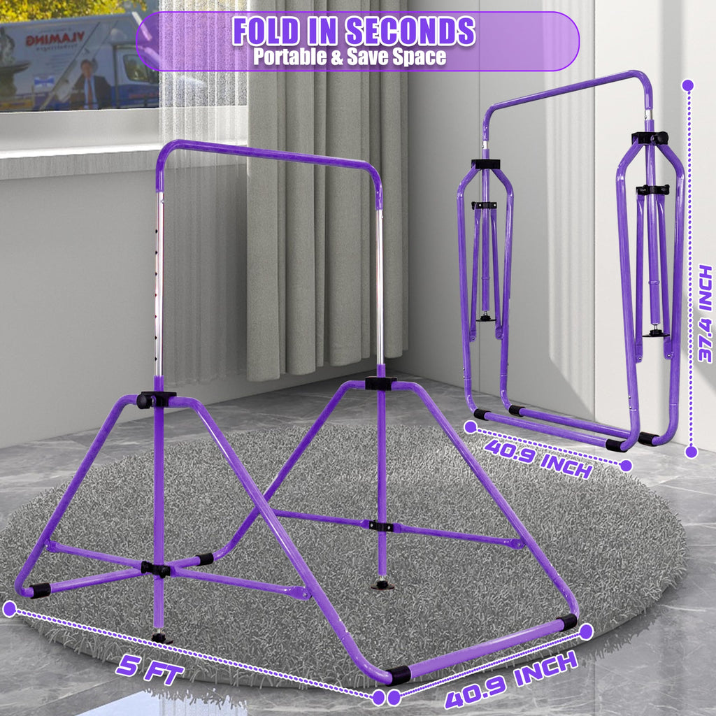 MARFULA Foldable Gymnastic Bar for Kids Ages 3-9, 9 Height Levels, 200 lbs Weight Capacity, 5 Ft Length Gymnastic Kip Bar with Mat, Gymnastic Equipment for Home and Gym Center Indoor Outdoor Use