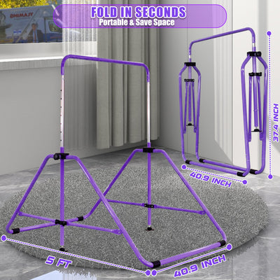 MARFULA Foldable Gymnastic Bar for Kids Ages 3-9, 9 Height Levels, 200 lbs Weight Capacity, 5 Ft Length Gymnastic Kip Bar with Mat, Gymnastic Equipment for Home and Gym Center Indoor Outdoor Use