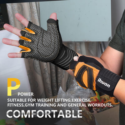 ihuan Ventilated Weight Lifting Gym Workout Gloves with Wrist Wrap Support for Men & Women, Full Palm Protection, for Weightlifting, Training, Fitness, Hanging, Pull ups